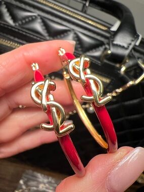 Gold Emblem Red Enamel Hoop Earrings